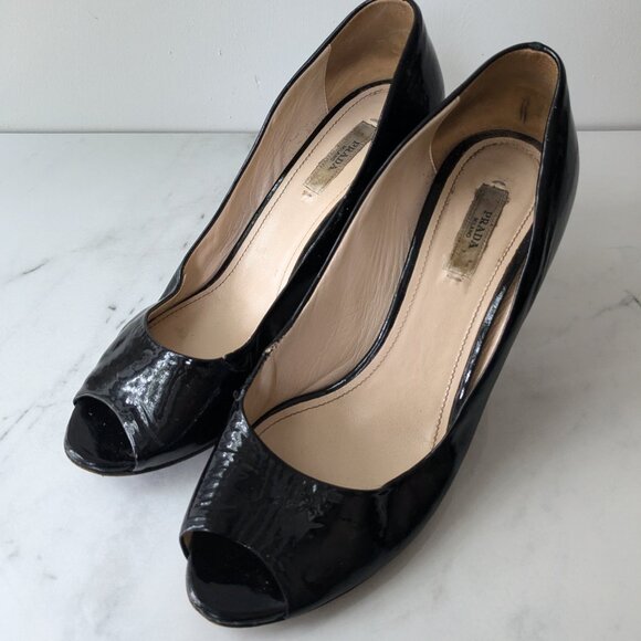 Prada peeptoe pump with clear lucite heel. - Picture 1 of 5